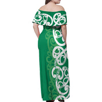 Pounamu Green Maori Family Matching Off Shoulder Maxi Dress and Hawaiian Shirt Koru Kowhaiwhai - Polynesian Pride