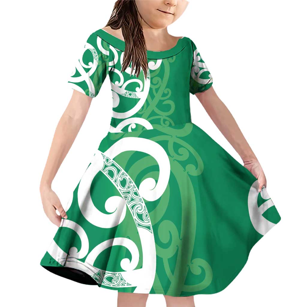 Pounamu Green Maori Family Matching Off Shoulder Short Dress and Hawaiian Shirt Koru Kowhaiwhai - Polynesian Pride