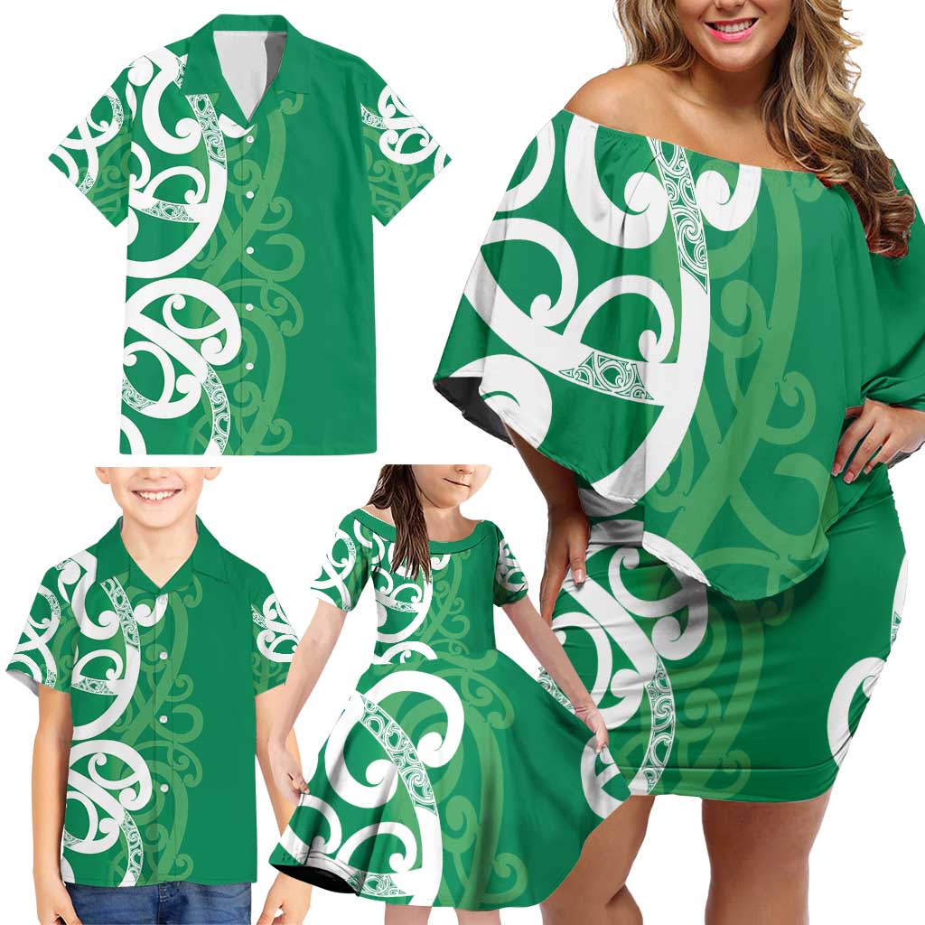 Pounamu Green Maori Family Matching Off Shoulder Short Dress and Hawaiian Shirt Koru Kowhaiwhai - Polynesian Pride
