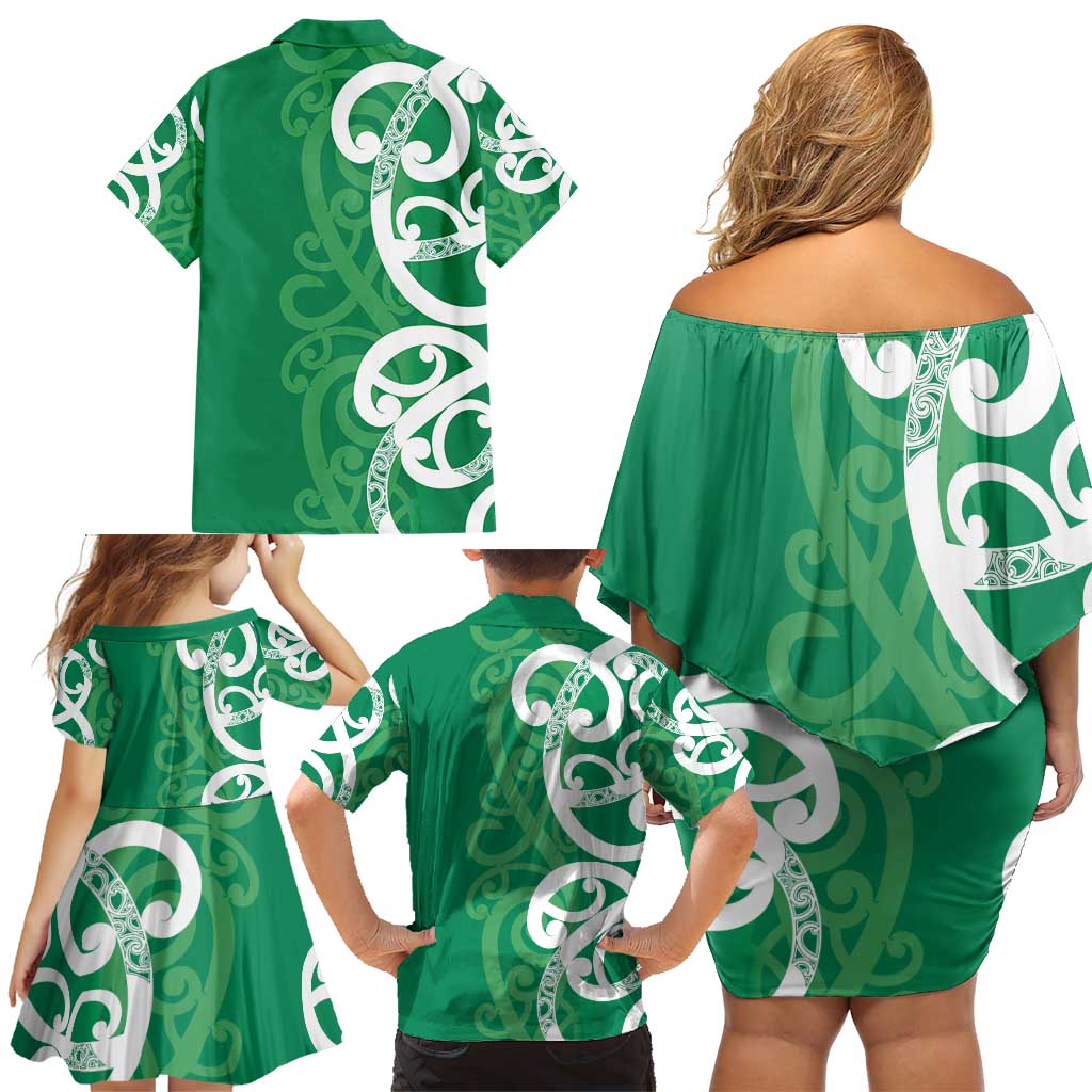 Pounamu Green Maori Family Matching Off Shoulder Short Dress and Hawaiian Shirt Koru Kowhaiwhai - Polynesian Pride