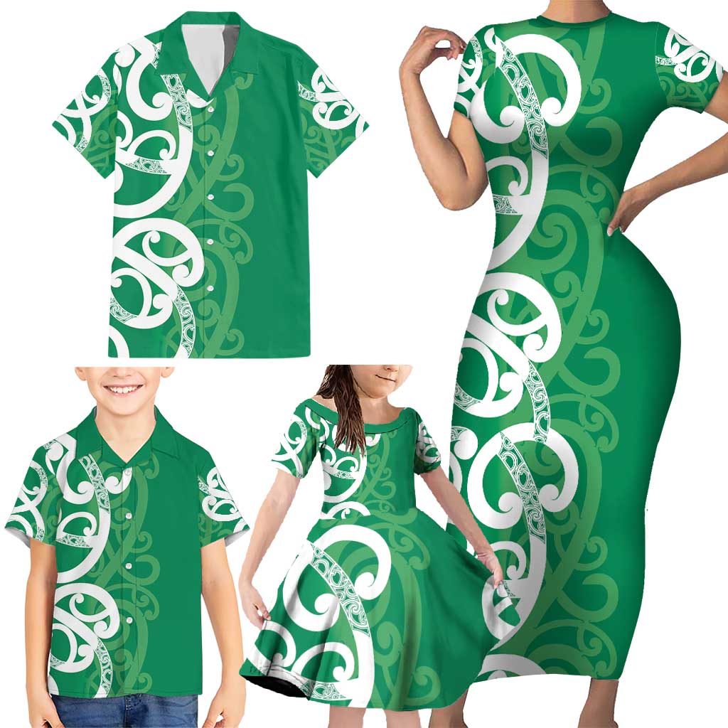 Pounamu Green Maori Family Matching Short Sleeve Bodycon Dress and Hawaiian Shirt Koru Kowhaiwhai - Polynesian Pride