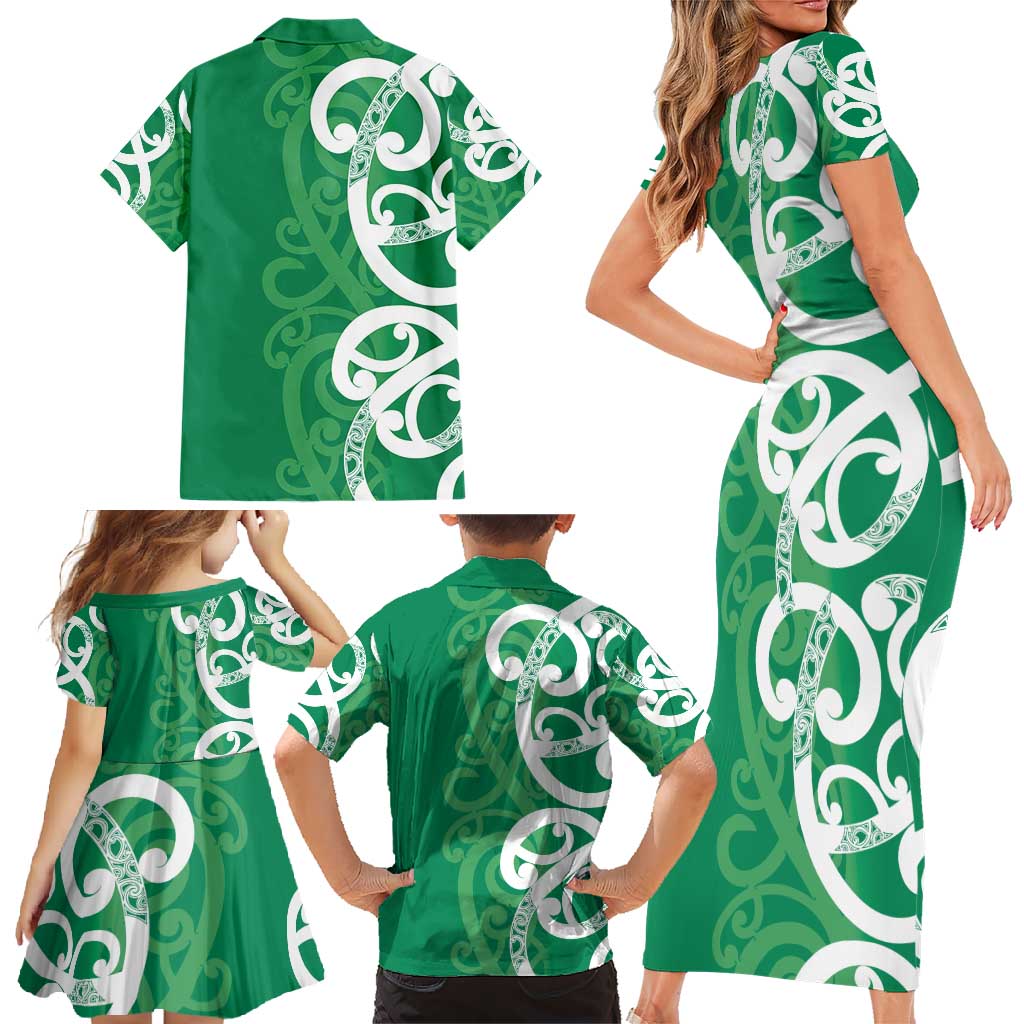 Pounamu Green Maori Family Matching Short Sleeve Bodycon Dress and Hawaiian Shirt Koru Kowhaiwhai - Polynesian Pride
