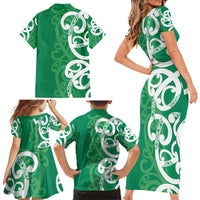 Pounamu Green Maori Family Matching Short Sleeve Bodycon Dress and Hawaiian Shirt Koru Kowhaiwhai - Polynesian Pride