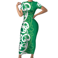 Pounamu Green Maori Family Matching Short Sleeve Bodycon Dress and Hawaiian Shirt Koru Kowhaiwhai - Polynesian Pride