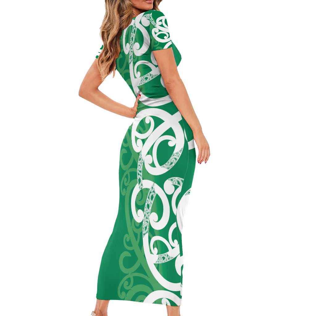 Pounamu Green Maori Family Matching Short Sleeve Bodycon Dress and Hawaiian Shirt Koru Kowhaiwhai - Polynesian Pride