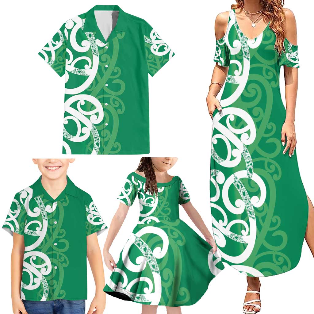 Pounamu Green Maori Family Matching Summer Maxi Dress and Hawaiian Shirt Koru Kowhaiwhai - Polynesian Pride