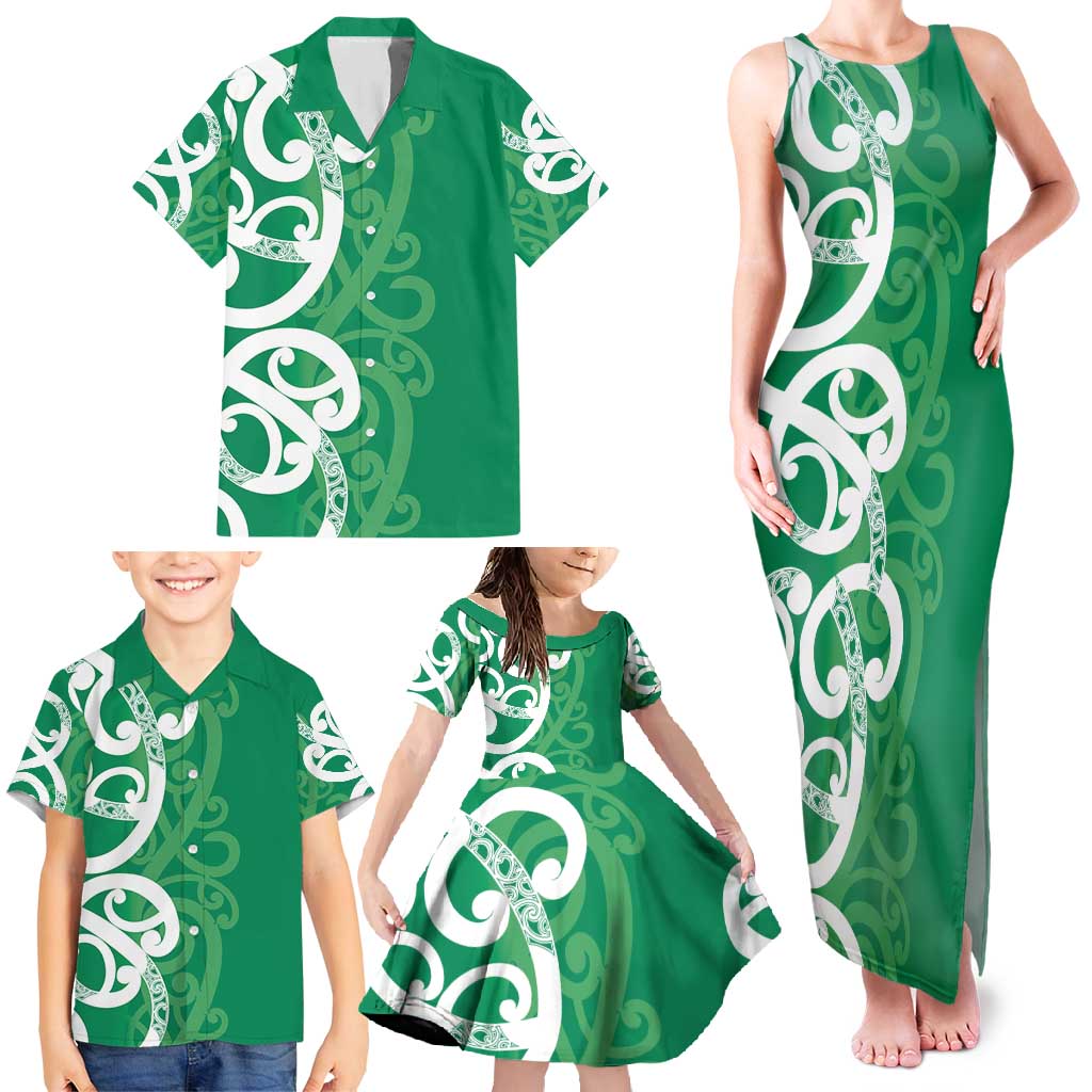 Pounamu Green Maori Family Matching Tank Maxi Dress and Hawaiian Shirt Koru Kowhaiwhai - Polynesian Pride