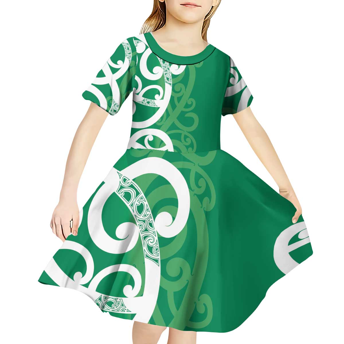 Pounamu Green Maori Kid Short Sleeve Dress Koru Kowhaiwhai LT7 - Polynesian Pride