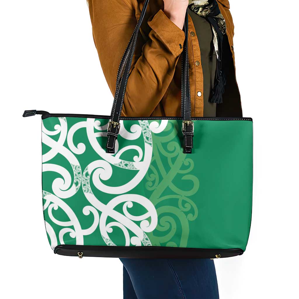 Pounamu Green Maori Leather Tote Bag Koru Kowhaiwhai - Polynesian Pride