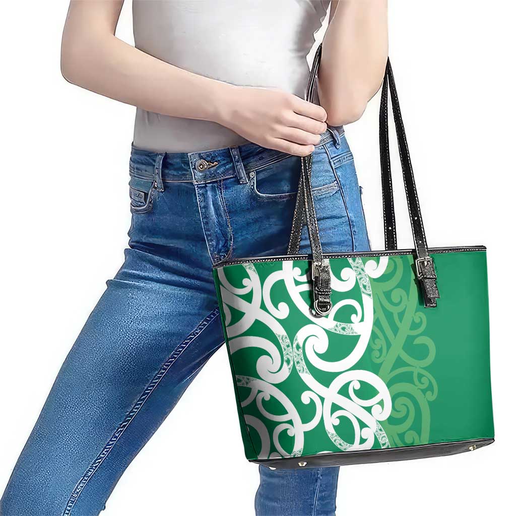 Pounamu Green Maori Leather Tote Bag Koru Kowhaiwhai - Polynesian Pride