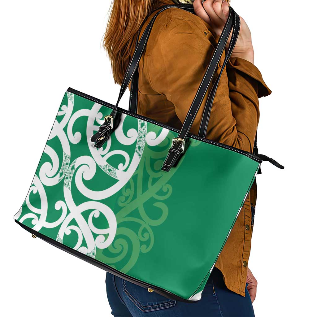 Pounamu Green Maori Leather Tote Bag Koru Kowhaiwhai - Polynesian Pride