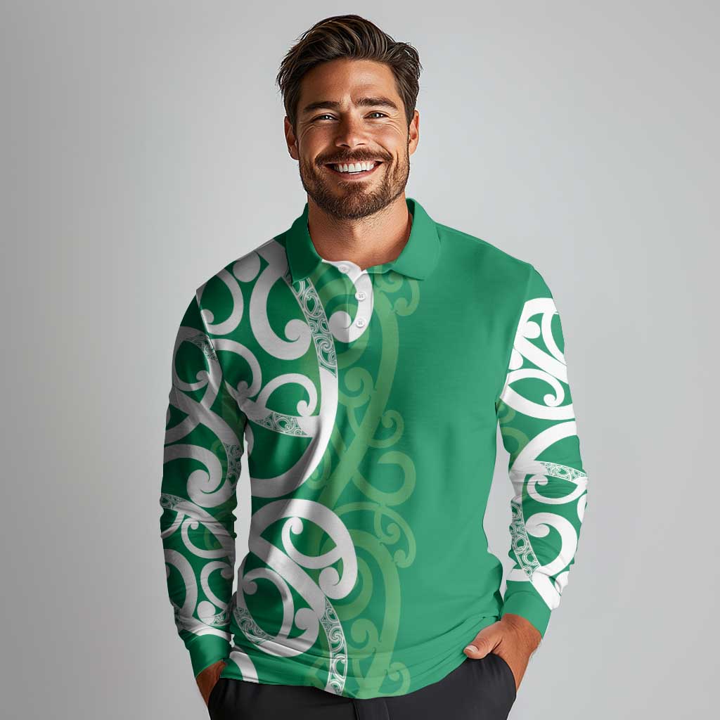 Pounamu Green Maori Long Sleeve Polo Shirt Koru Kowhaiwhai LT7 - Polynesian Pride