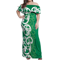 Pounamu Green Maori Off Shoulder Maxi Dress Koru Kowhaiwhai LT7 Women Green - Polynesian Pride
