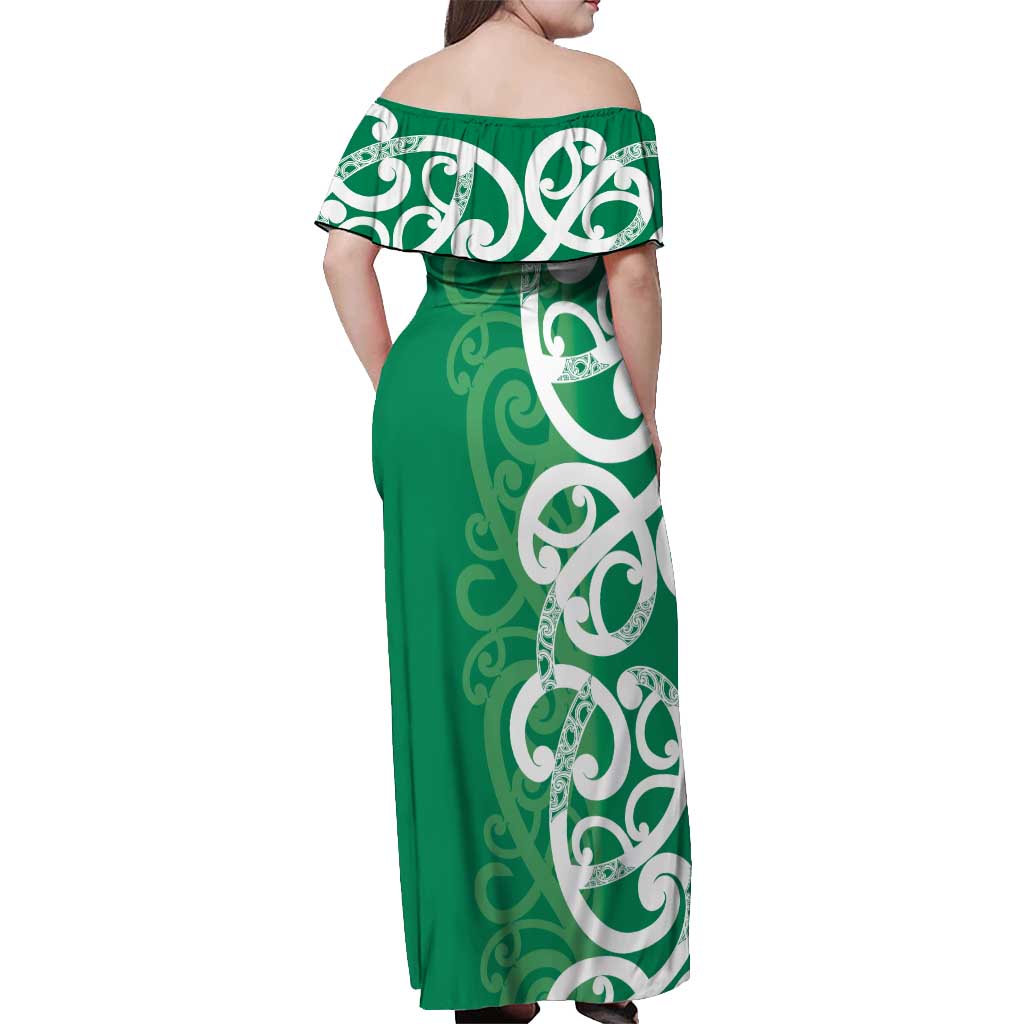 Pounamu Green Maori Off Shoulder Maxi Dress Koru Kowhaiwhai LT7 - Polynesian Pride
