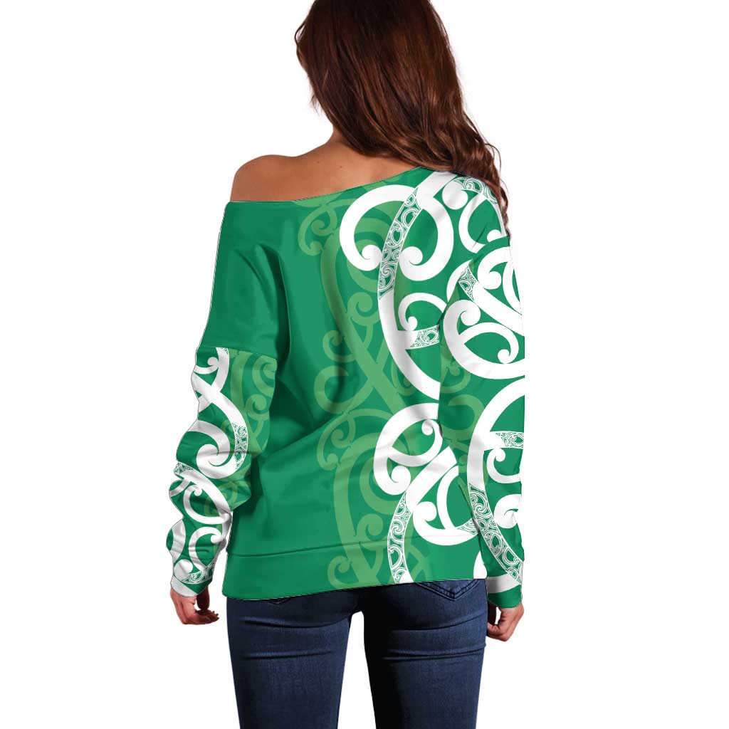 Pounamu Green Maori Off Shoulder Sweater Koru Kowhaiwhai LT7 - Polynesian Pride