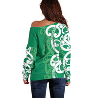 Pounamu Green Maori Off Shoulder Sweater Koru Kowhaiwhai LT7 - Polynesian Pride