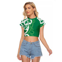 Pounamu Green Maori Raglan Cropped T Shirt Koru Kowhaiwhai LT7 Female Green - Polynesian Pride