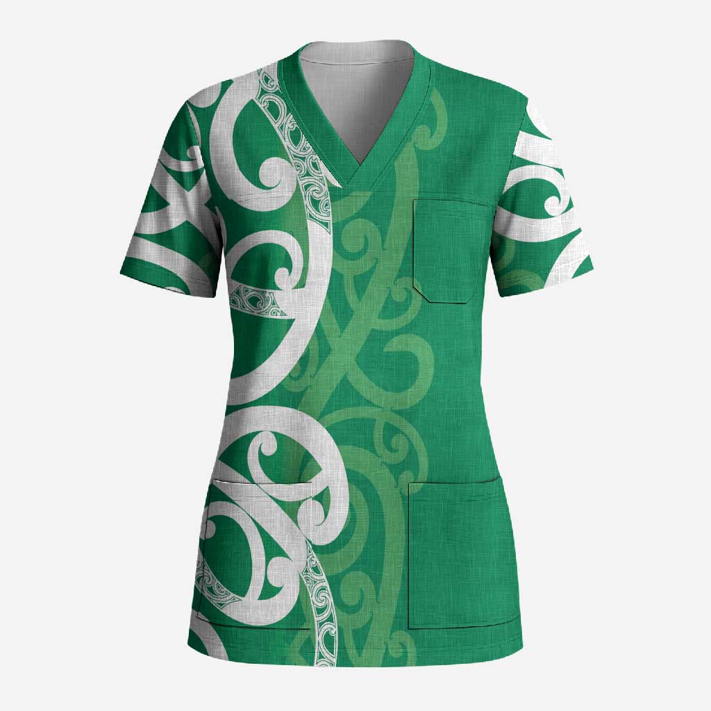 Pounamu Green Maori Scrub Top Koru Kowhaiwhai LT7 Adult Green - Polynesian Pride