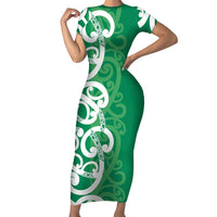 Pounamu Green Maori Short Sleeve Bodycon Dress Koru Kowhaiwhai - Polynesian Pride