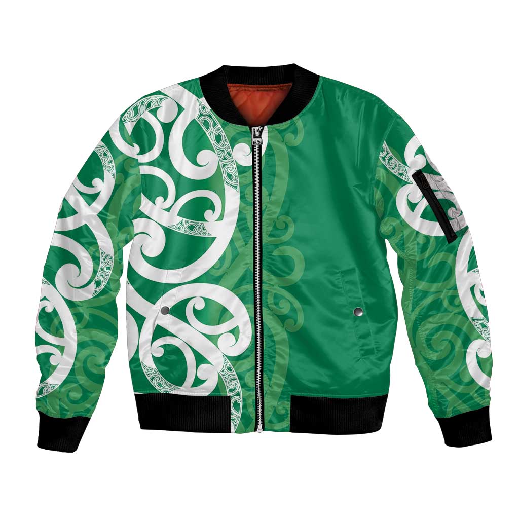 Pounamu Green Maori Sleeve Zip Bomber Jacket Koru Kowhaiwhai LT7 Unisex Green - Polynesian Pride