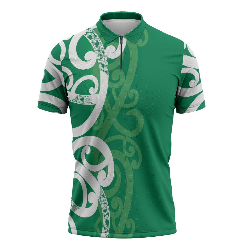 Pounamu Green Maori Zipper Polo Shirt Koru Kowhaiwhai LT7 Green - Polynesian Pride
