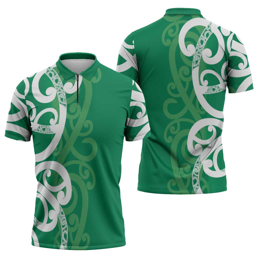 Pounamu Green Maori Zipper Polo Shirt Koru Kowhaiwhai LT7 - Polynesian Pride