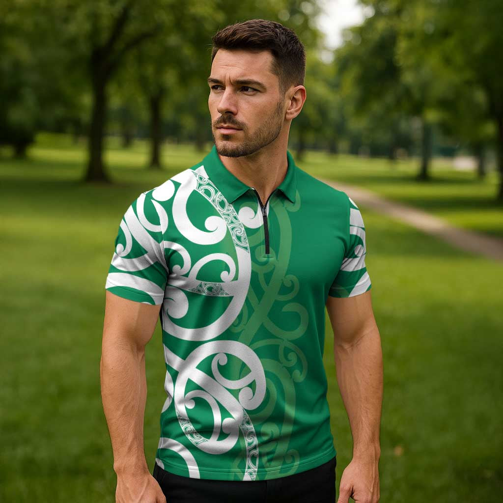 Pounamu Green Maori Zipper Polo Shirt Koru Kowhaiwhai LT7 - Polynesian Pride