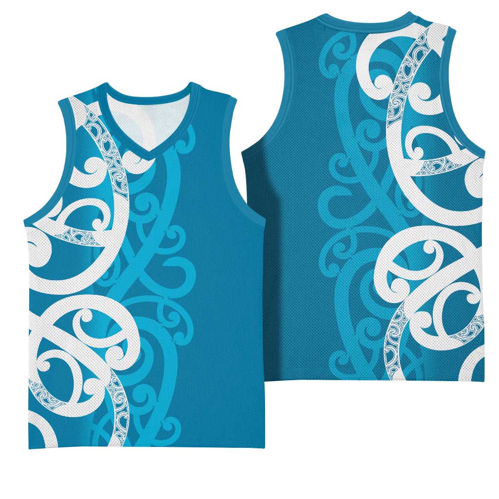Azure Blue Maori Basketball Jersey Koru Kowhaiwhai - Polynesian Pride