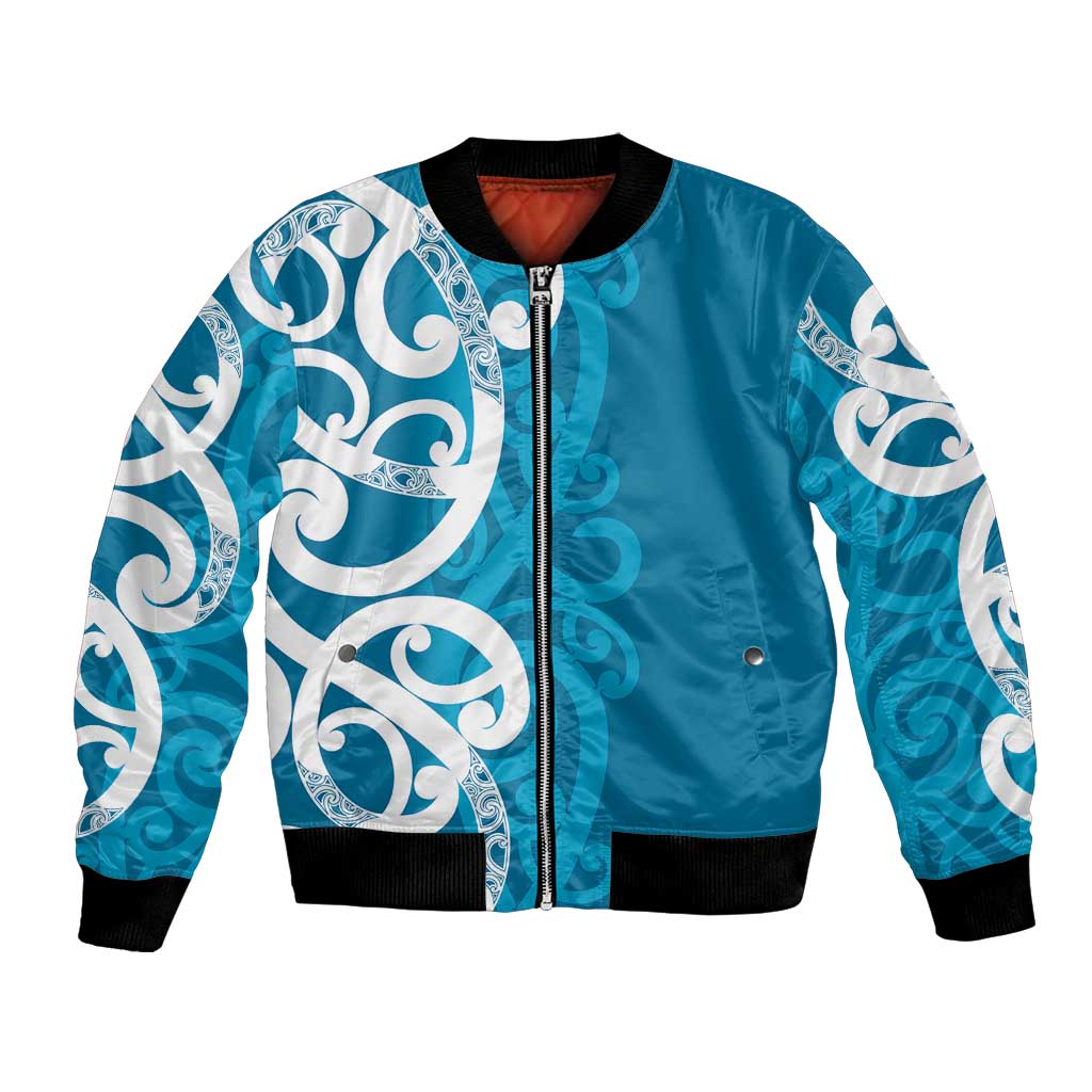 Azure Blue Maori Bomber Jacket Koru Kowhaiwhai LT7 Unisex Blue - Polynesian Pride