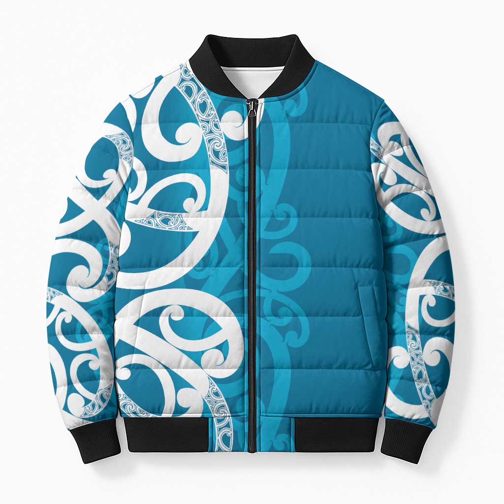 Azure Blue Maori Bomber Puffer Jacket Koru Kowhaiwhai LT7 Unisex Blue - Polynesian Pride