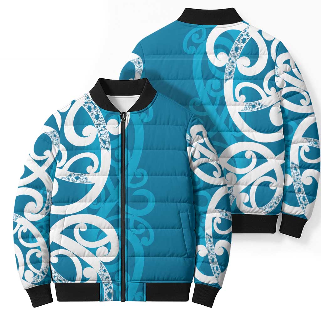 Azure Blue Maori Bomber Puffer Jacket Koru Kowhaiwhai LT7 - Polynesian Pride