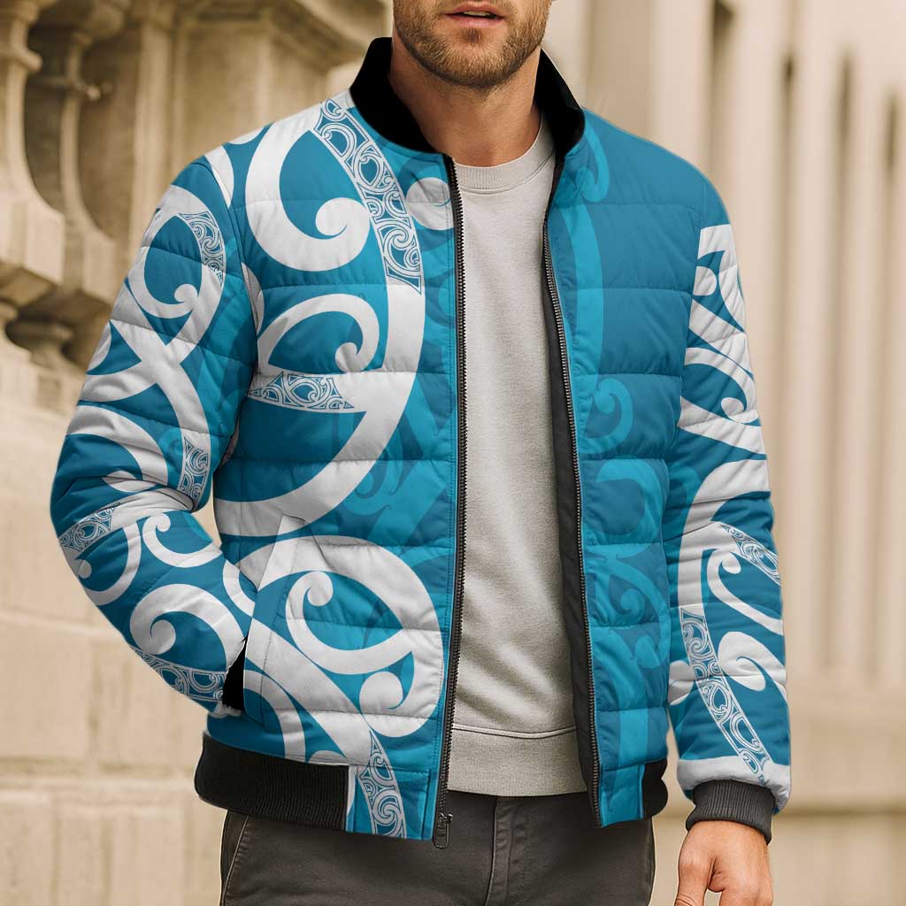 Azure Blue Maori Bomber Puffer Jacket Koru Kowhaiwhai LT7 - Polynesian Pride