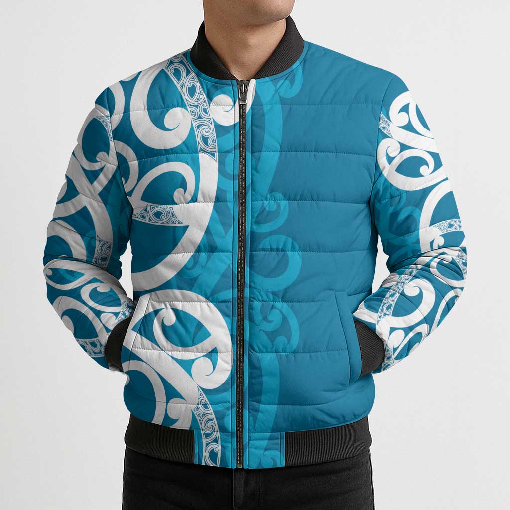 Azure Blue Maori Bomber Puffer Jacket Koru Kowhaiwhai LT7 - Polynesian Pride