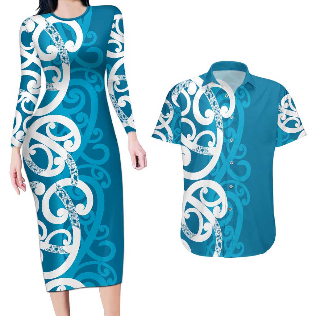 Azure Blue Maori Couples Matching Long Sleeve Bodycon Dress and Hawaiian Shirt Koru Kowhaiwhai - Polynesian Pride