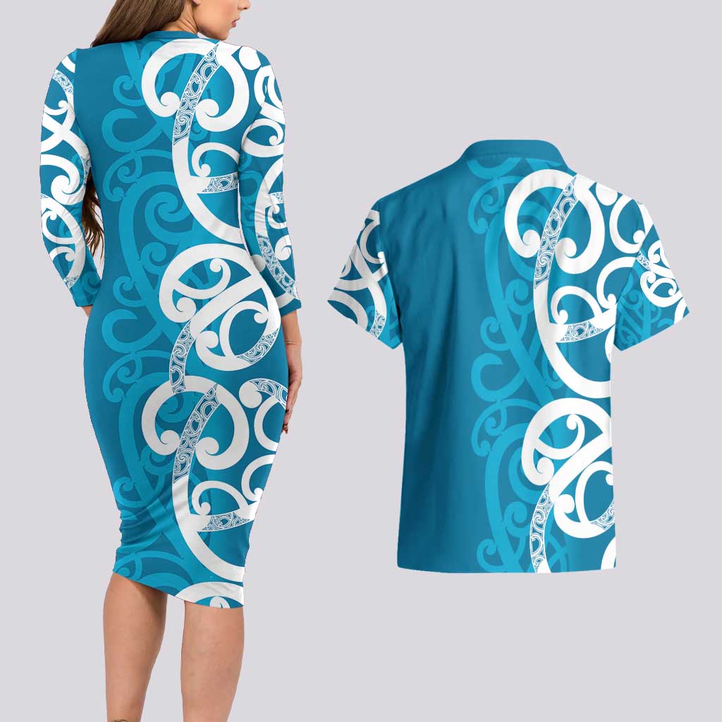 Azure Blue Maori Couples Matching Long Sleeve Bodycon Dress and Hawaiian Shirt Koru Kowhaiwhai - Polynesian Pride