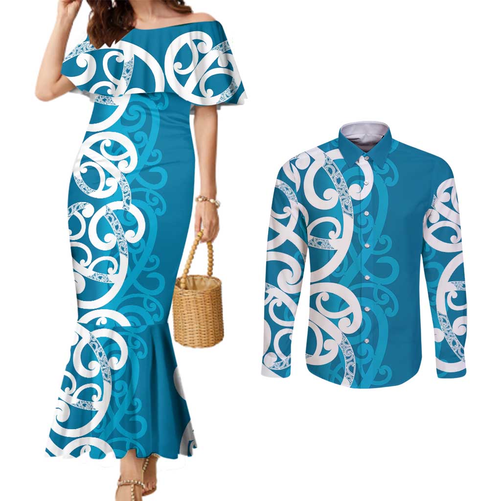 Azure Blue Maori Couples Matching Mermaid Dress and Long Sleeve Button Shirt Koru Kowhaiwhai - Polynesian Pride