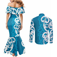 Azure Blue Maori Couples Matching Mermaid Dress and Long Sleeve Button Shirt Koru Kowhaiwhai - Polynesian Pride