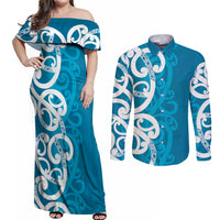 Azure Blue Maori Couples Matching Off Shoulder Maxi Dress and Long Sleeve Button Shirt Koru Kowhaiwhai LT7 Blue - Polynesian Pride