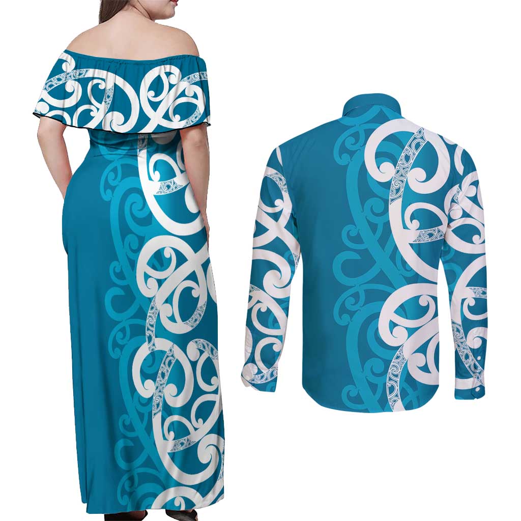 Azure Blue Maori Couples Matching Off Shoulder Maxi Dress and Long Sleeve Button Shirt Koru Kowhaiwhai LT7 - Polynesian Pride