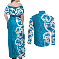 Azure Blue Maori Couples Matching Off Shoulder Maxi Dress and Long Sleeve Button Shirt Koru Kowhaiwhai LT7 - Polynesian Pride