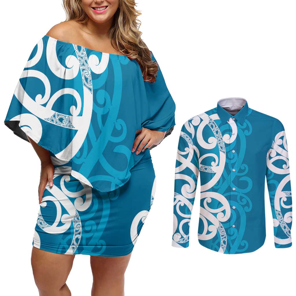 Azure Blue Maori Couples Matching Off Shoulder Short Dress and Long Sleeve Button Shirt Koru Kowhaiwhai LT7 Blue - Polynesian Pride