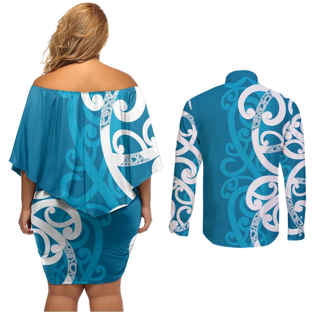 Azure Blue Maori Couples Matching Off Shoulder Short Dress and Long Sleeve Button Shirt Koru Kowhaiwhai LT7 - Polynesian Pride