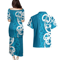 Azure Blue Maori Couples Matching Puletasi and Hawaiian Shirt Koru Kowhaiwhai LT7 - Polynesian Pride