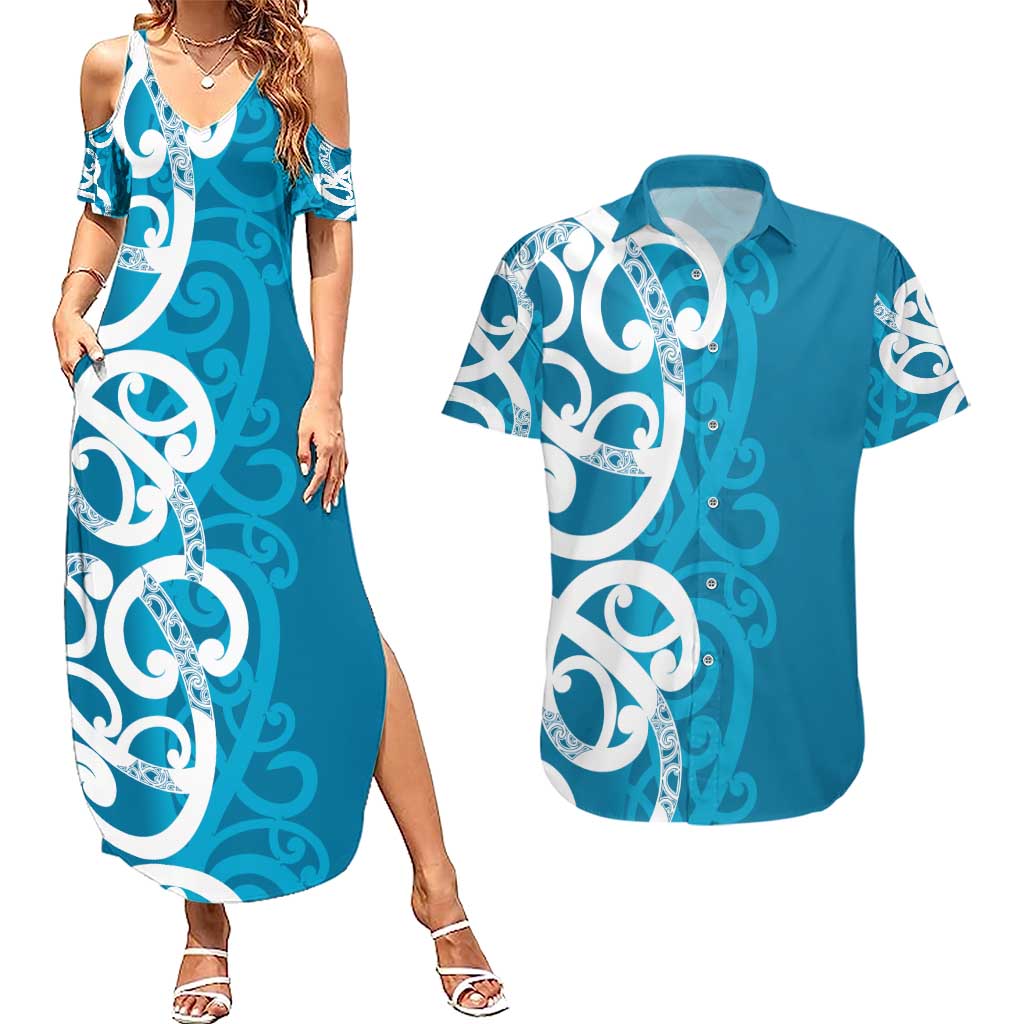 Azure Blue Maori Couples Matching Summer Maxi Dress and Hawaiian Shirt Koru Kowhaiwhai LT7 Blue - Polynesian Pride