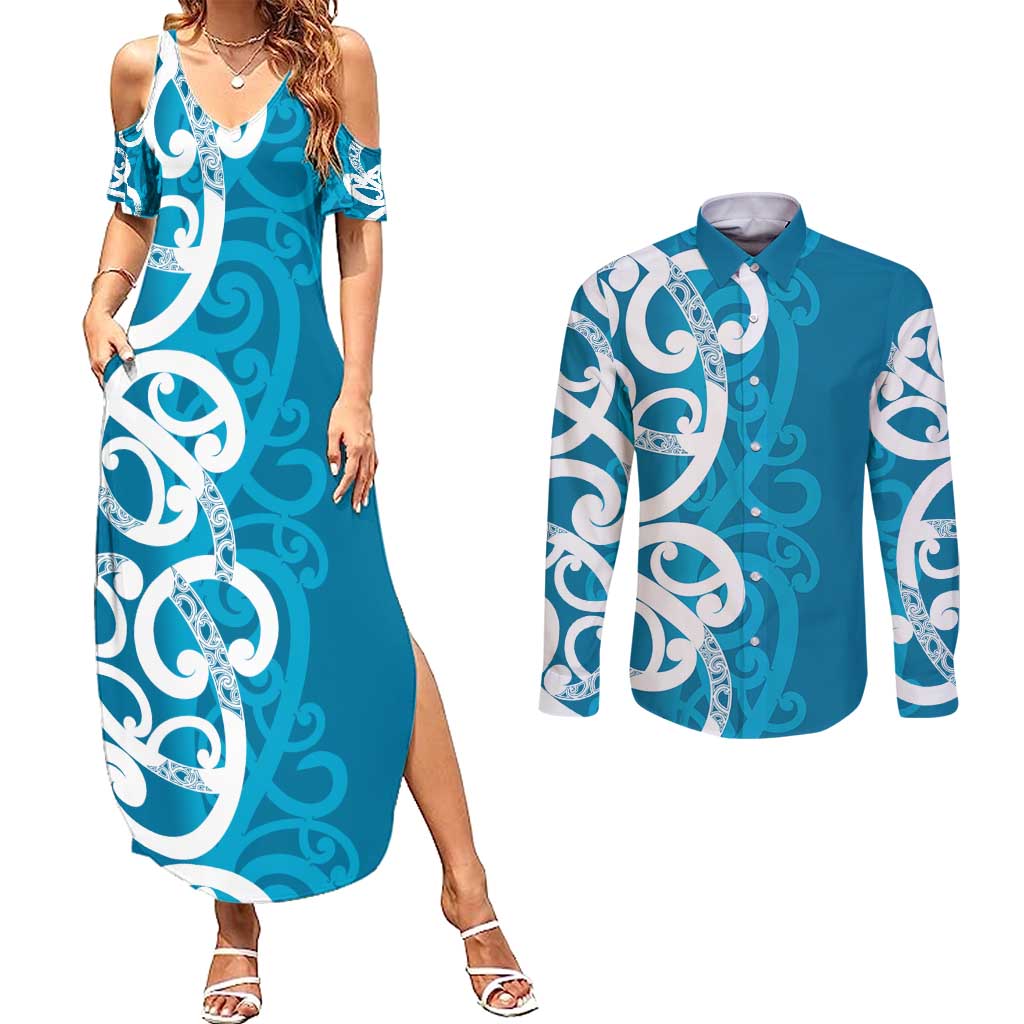 Azure Blue Maori Couples Matching Summer Maxi Dress and Long Sleeve Button Shirt Koru Kowhaiwhai LT7 Blue - Polynesian Pride