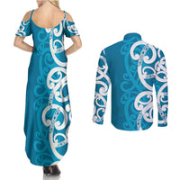 Azure Blue Maori Couples Matching Summer Maxi Dress and Long Sleeve Button Shirt Koru Kowhaiwhai LT7 - Polynesian Pride