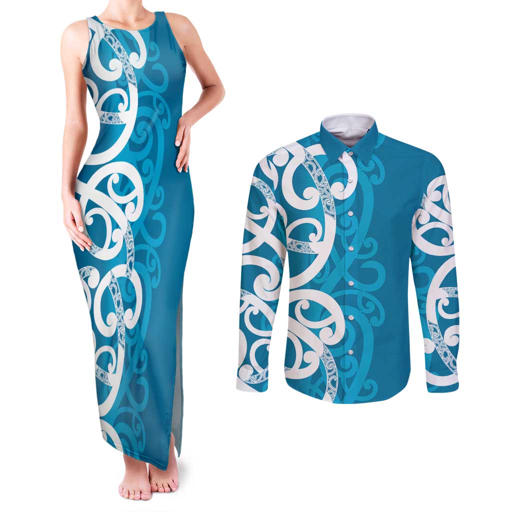 Azure Blue Maori Couples Matching Tank Maxi Dress and Long Sleeve Button Shirt Koru Kowhaiwhai - Polynesian Pride