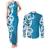 Azure Blue Maori Couples Matching Tank Maxi Dress and Long Sleeve Button Shirt Koru Kowhaiwhai - Polynesian Pride