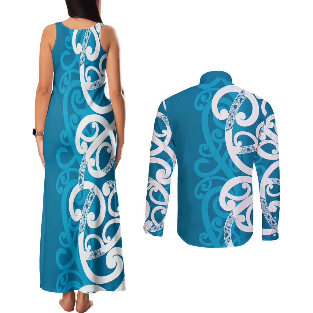 Azure Blue Maori Couples Matching Tank Maxi Dress and Long Sleeve Button Shirt Koru Kowhaiwhai - Polynesian Pride