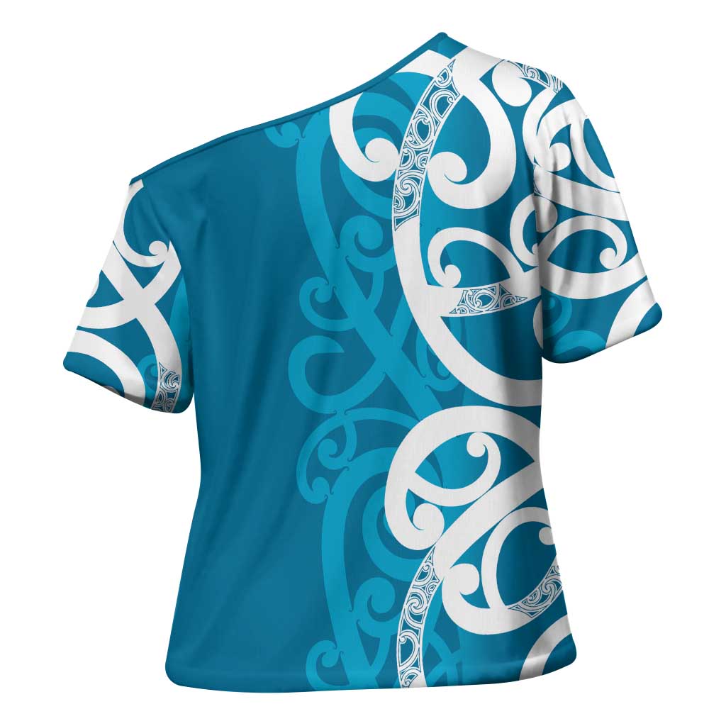 Azure Blue Maori Cross Shoulder Shirt Koru Kowhaiwhai LT7 - Polynesian Pride
